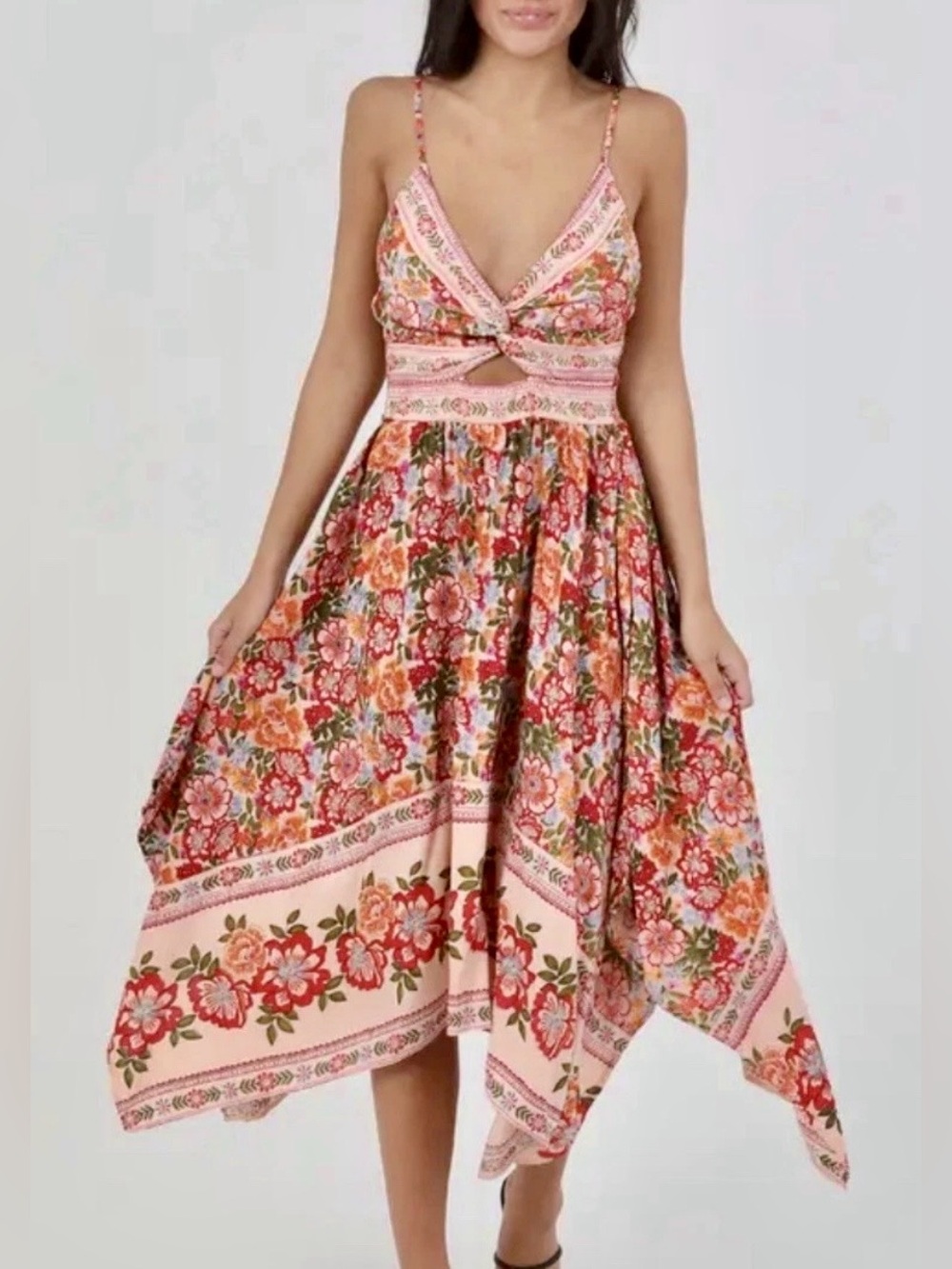 Boho Floral Handkerchief Hem Midi Dress Cottagecore Festival Sundress
Size Small